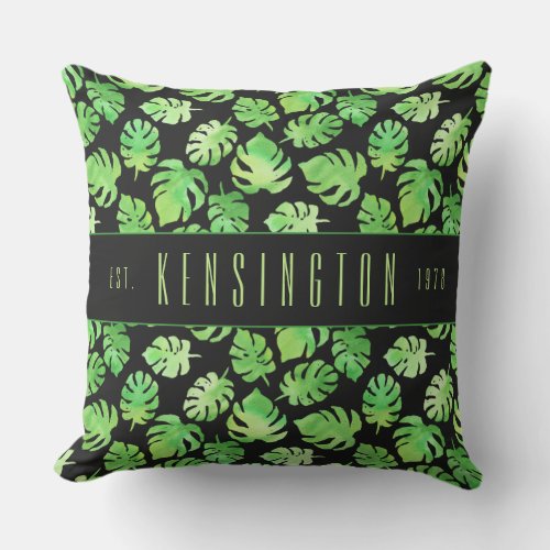 Tropical Green Watercolor Leaves with Family Name Outdoor Pillow