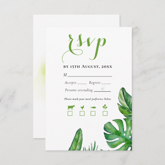 Tropical Green Watercolor Monstera Leaves RSVP Card (Front/Back)