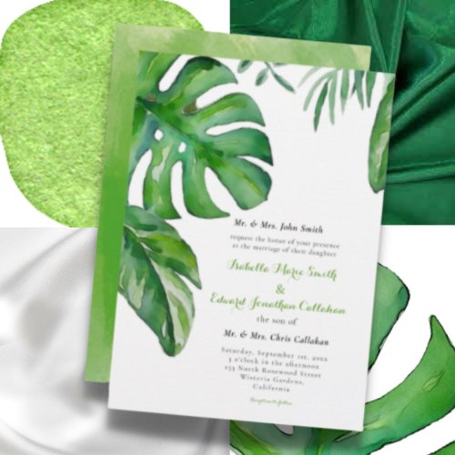 Tropical Green Watercolor Monstera Leaves Wedding Invitation