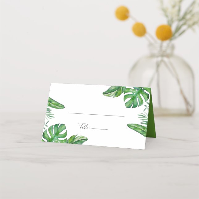 Tropical Green Watercolor Monstera Leaves Wedding  Place Card (Front)