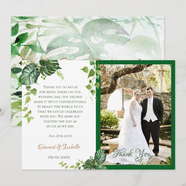 Tropical Green Watercolor Monstera Leaves Wedding Thank You Card (Front/Back)