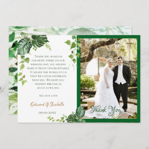 Tropical Green Watercolor Monstera Leaves Wedding Thank You Card
