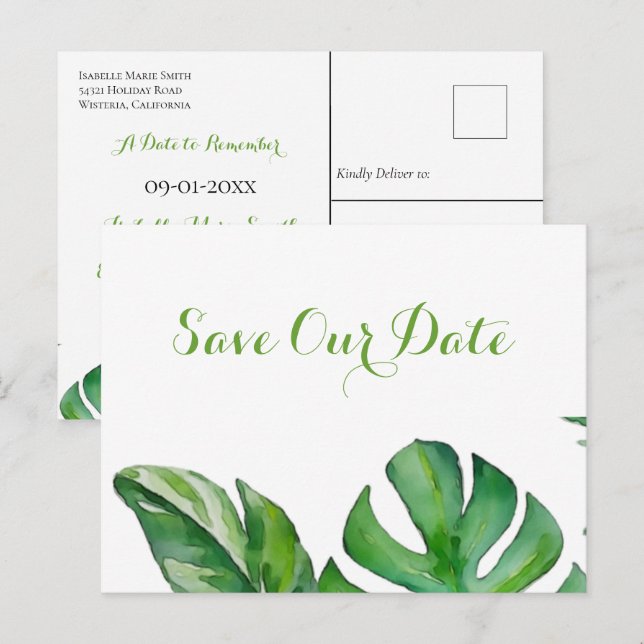 Tropical Green Watercolor Monstera Save The Date Postcard (Front/Back)