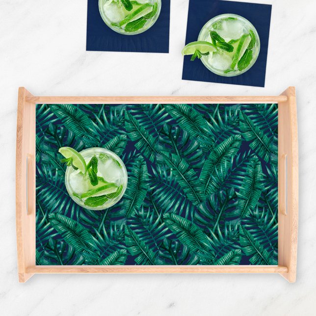 Tropical Green Watercolor Palm Leaves Blue Pattern Serving Tray (Creator Uploaded)