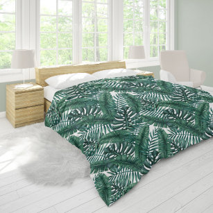 Tropical Green Watercolor Palm Leaves Pattern Duvet Cover