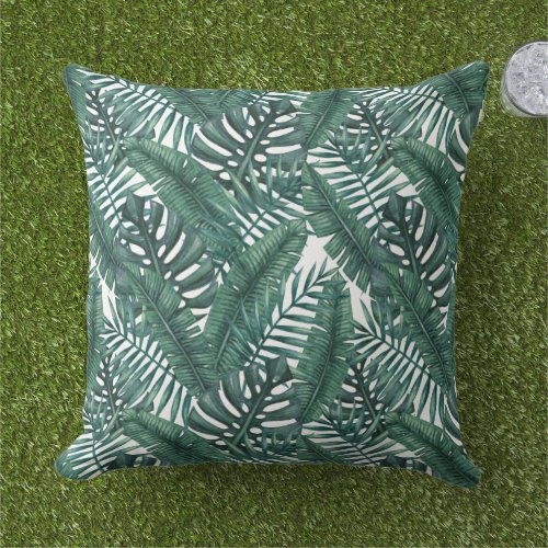 Tropical Green Watercolor Palm Leaves Pattern Outdoor Pillow