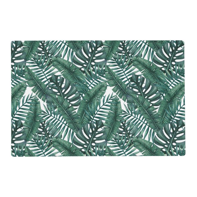 Tropical Green Watercolor Palm Leaves Pattern Placemat (Front)