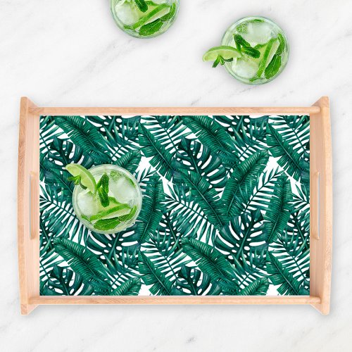 Tropical Green Watercolor Palm Leaves Pattern Serving Tray
