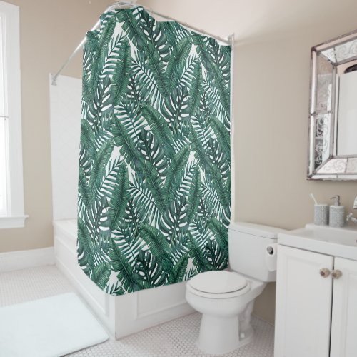 Tropical Green Watercolor Palm Leaves Pattern Shower Curtain