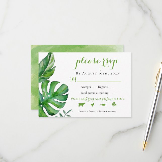 Tropical Green Watercolor Palm Leaves Wedding RSVP (Front/Back In Situ)