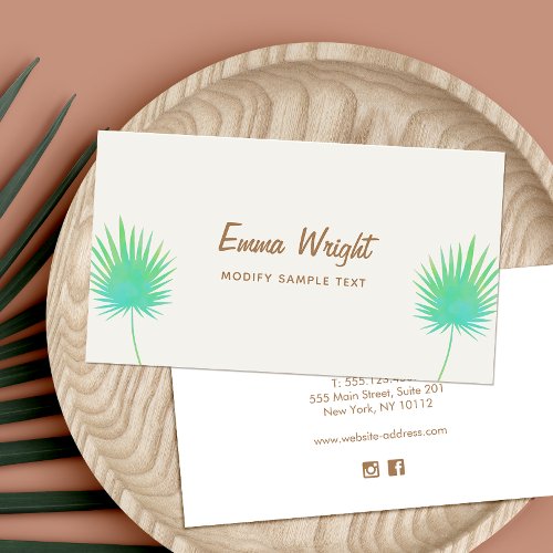 Tropical Green Watercolor Palm Tree Branches Business Card