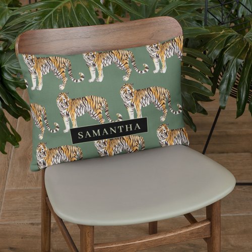 Tropical Green Watercolor Tigers Pattern With Name Accent Pillow