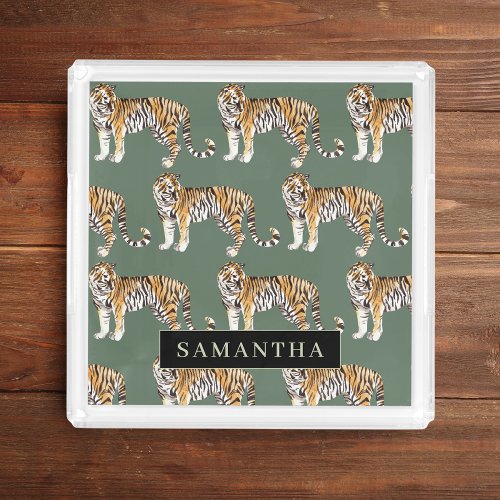 Tropical Green Watercolor Tigers Pattern With Name Acrylic Tray