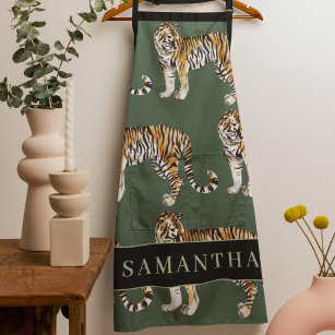 Tropical Green Watercolor Tigers Pattern With Name Apron
