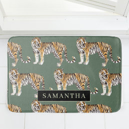 Tropical Green Watercolor Tigers Pattern With Name Bath Mat