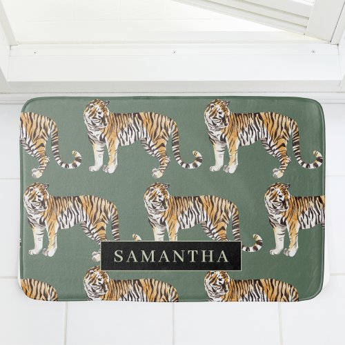 Tropical Green Watercolor Tigers Pattern With Name Bath Mat