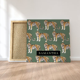 Tropical Green Watercolor Tigers Pattern With Name Canvas Print