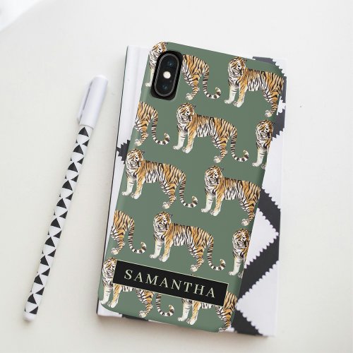 Tropical Green Watercolor Tigers Pattern With Name iPhone XS Max Case