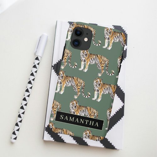 Tropical Green Watercolor Tigers Pattern With Name iPhone 11 Case