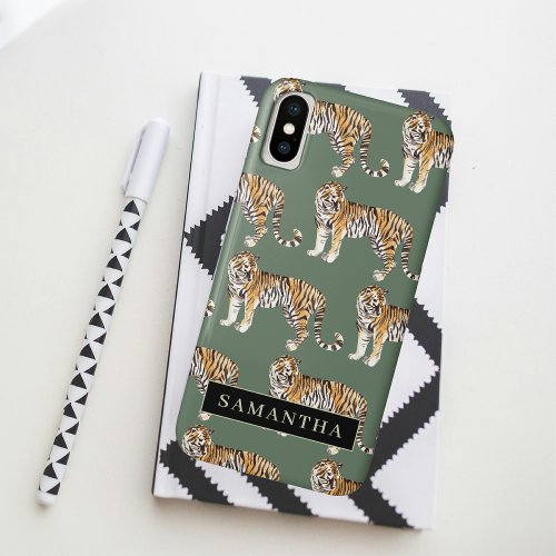 Tropical Green Watercolor Tigers Pattern With Name iPhone XS Case