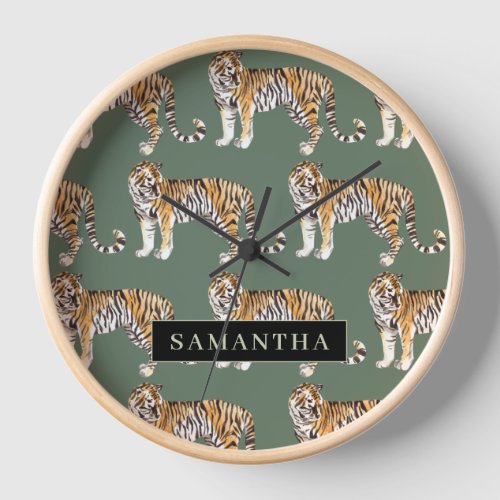 Tropical Green Watercolor Tigers Pattern With Name Clock