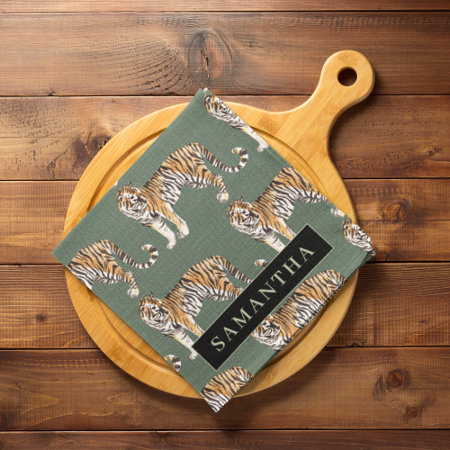 Tropical Green Watercolor Tigers Pattern With Name Cloth Napkin