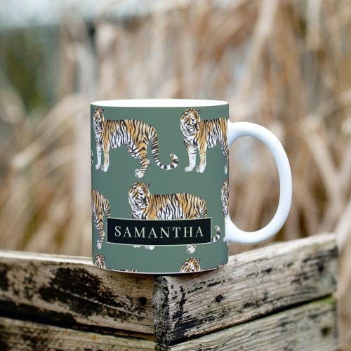 Tropical Green Watercolor Tigers Pattern With Name Coffee Mug