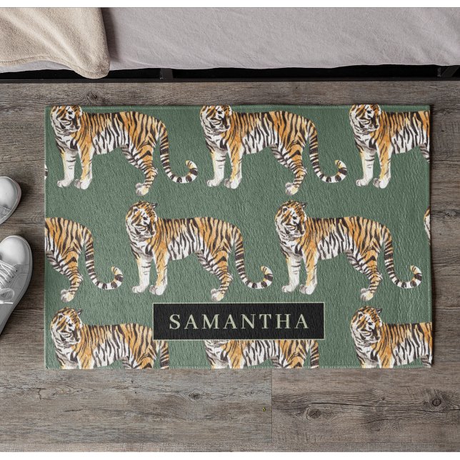 Tropical Green Watercolor Tigers Pattern With Name Doormat (Creator Uploaded)