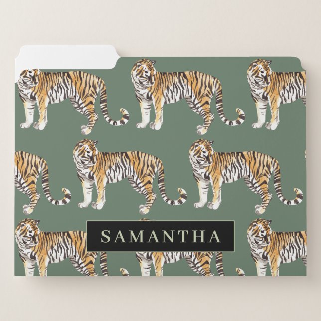 Tropical Green Watercolor Tigers Pattern With Name File Folder (Front Left)