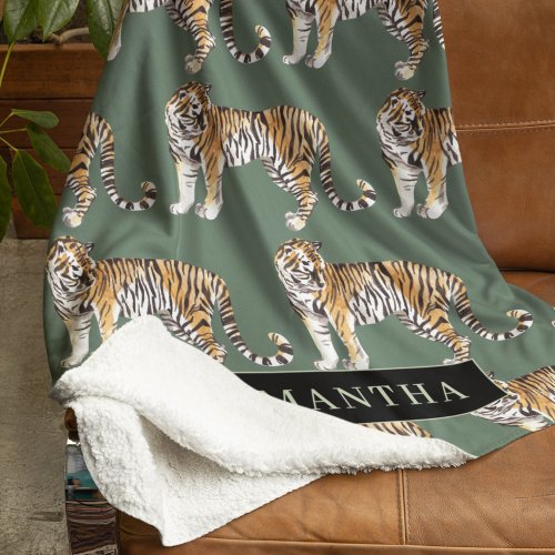 Tropical Green Watercolor Tigers Pattern With Name Fleece Blanket