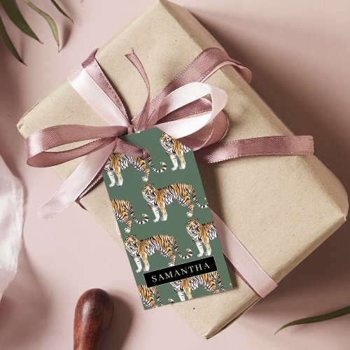 Tropical Green Watercolor Tigers Pattern With Name Gift Tags