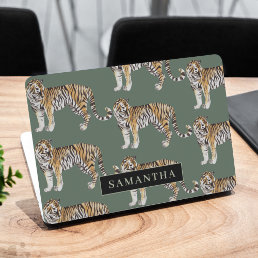Tropical Green Watercolor Tigers Pattern With Name HP Laptop Skin
