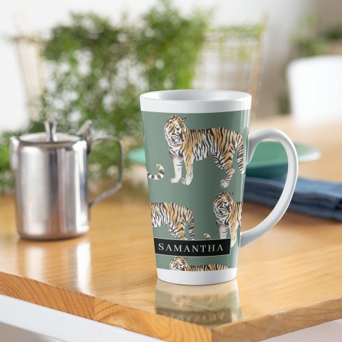Tropical Green Watercolor Tigers Pattern With Name Latte Mug
