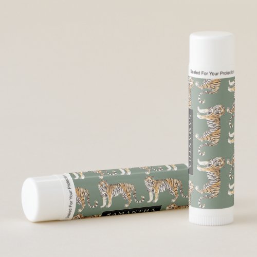 Tropical Green Watercolor Tigers Pattern With Name Lip Balm