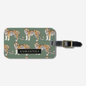 Tropical Green Watercolor Tigers Pattern With Name Luggage Tag