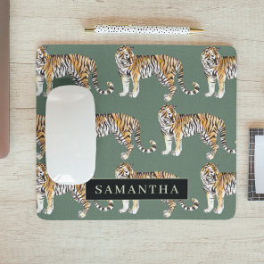 Tropical Green Watercolor Tigers Pattern With Name Mouse Pad