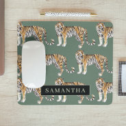 Tropical Green Watercolor Tigers Pattern With Name Mouse Pad at Zazzle