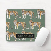 Tropical Green Watercolor Tigers Pattern With Name Mouse Pad (With Mouse)