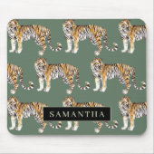 Tropical Green Watercolor Tigers Pattern With Name Mouse Pad (Front)