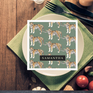 Tropical Green Watercolor Tigers Pattern With Name Napkins