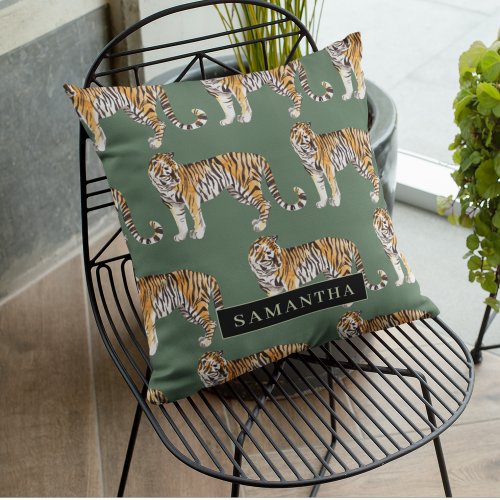 Tropical Green Watercolor Tigers Pattern With Name Outdoor Pillow