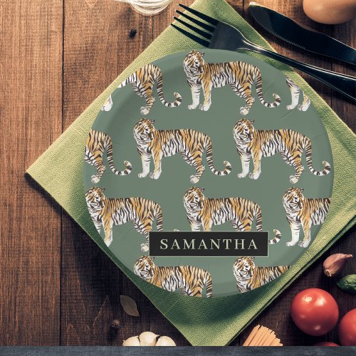 Tropical Green Watercolor Tigers Pattern With Name Paper Plates