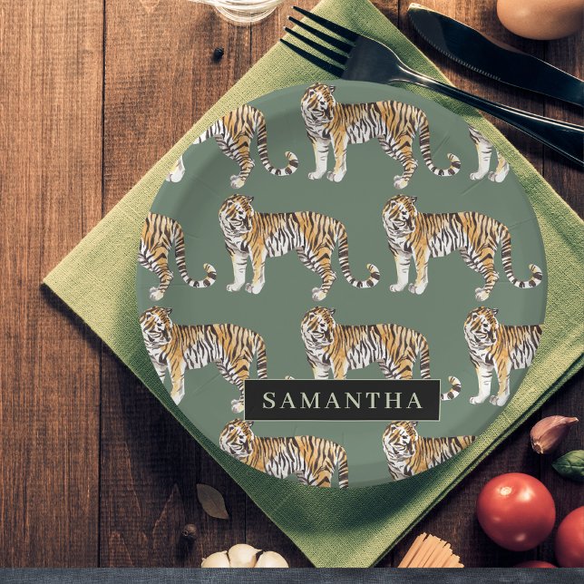 Tropical Green Watercolor Tigers Pattern With Name Paper Plates (Creator Uploaded)
