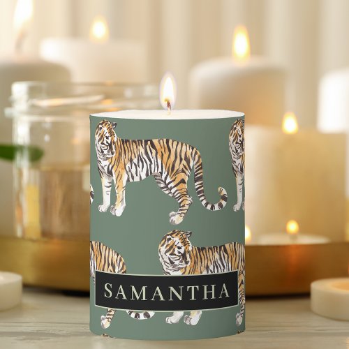 Tropical Green Watercolor Tigers Pattern With Name Pillar Candle