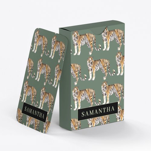Tropical Green Watercolor Tigers Pattern With Name Poker Cards