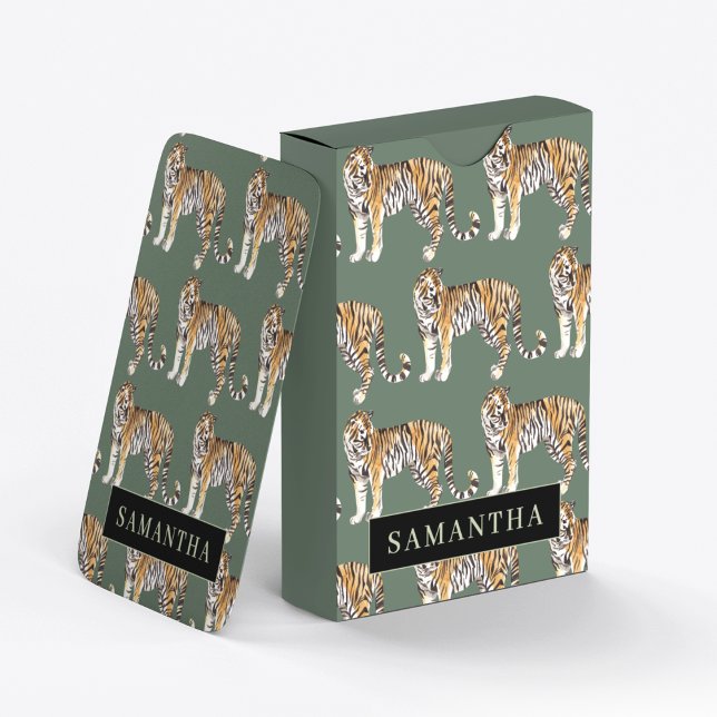 Tropical Green Watercolor Tigers Pattern With Name Poker Cards (Creator Uploaded)