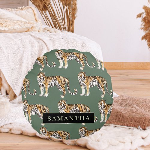 Tropical Green Watercolor Tigers Pattern With Name Round Pillow