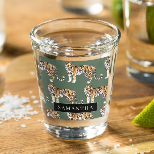 Tropical Green Watercolor Tigers Pattern With Name Shot Glass