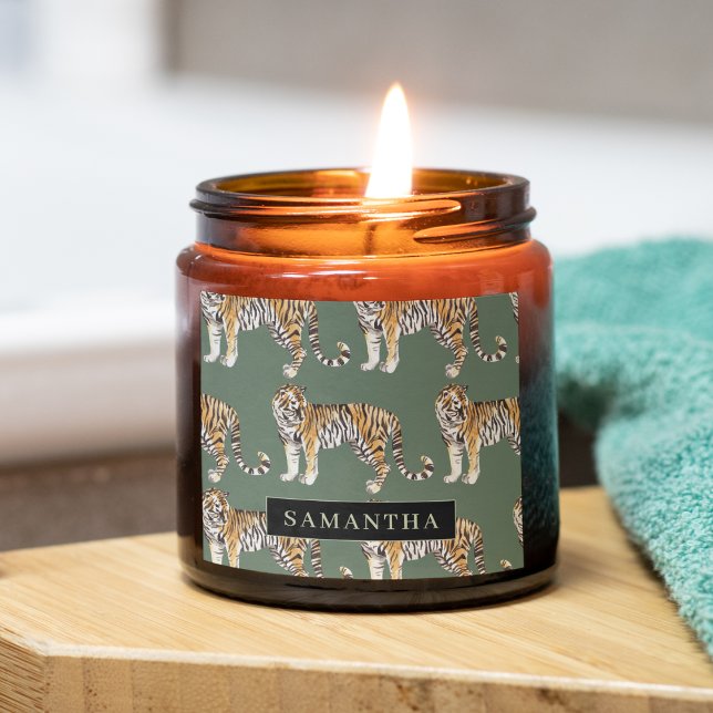 Tropical Green Watercolor Tigers Pattern With Name Square Sticker (Creator Uploaded)