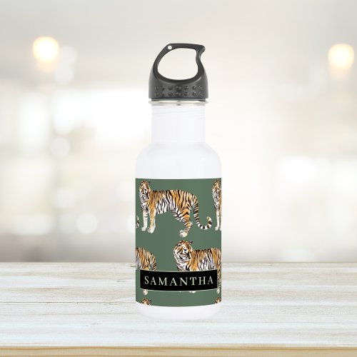 Tropical Green Watercolor Tigers Pattern With Name Stainless Steel Water Bottle